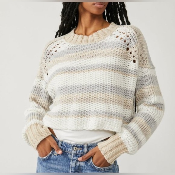 Free People Sweaters - NWT Free People Devon cropped open knit sweater stripes  natural colors size M